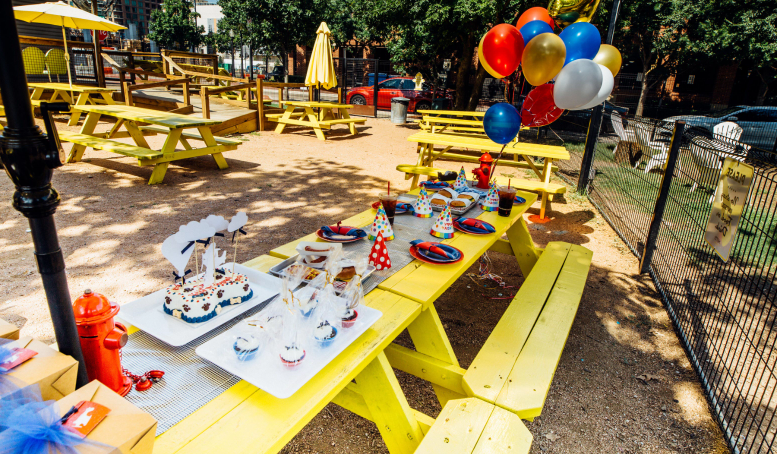 Mutts party top dog package picnic tables with birthday decorations
